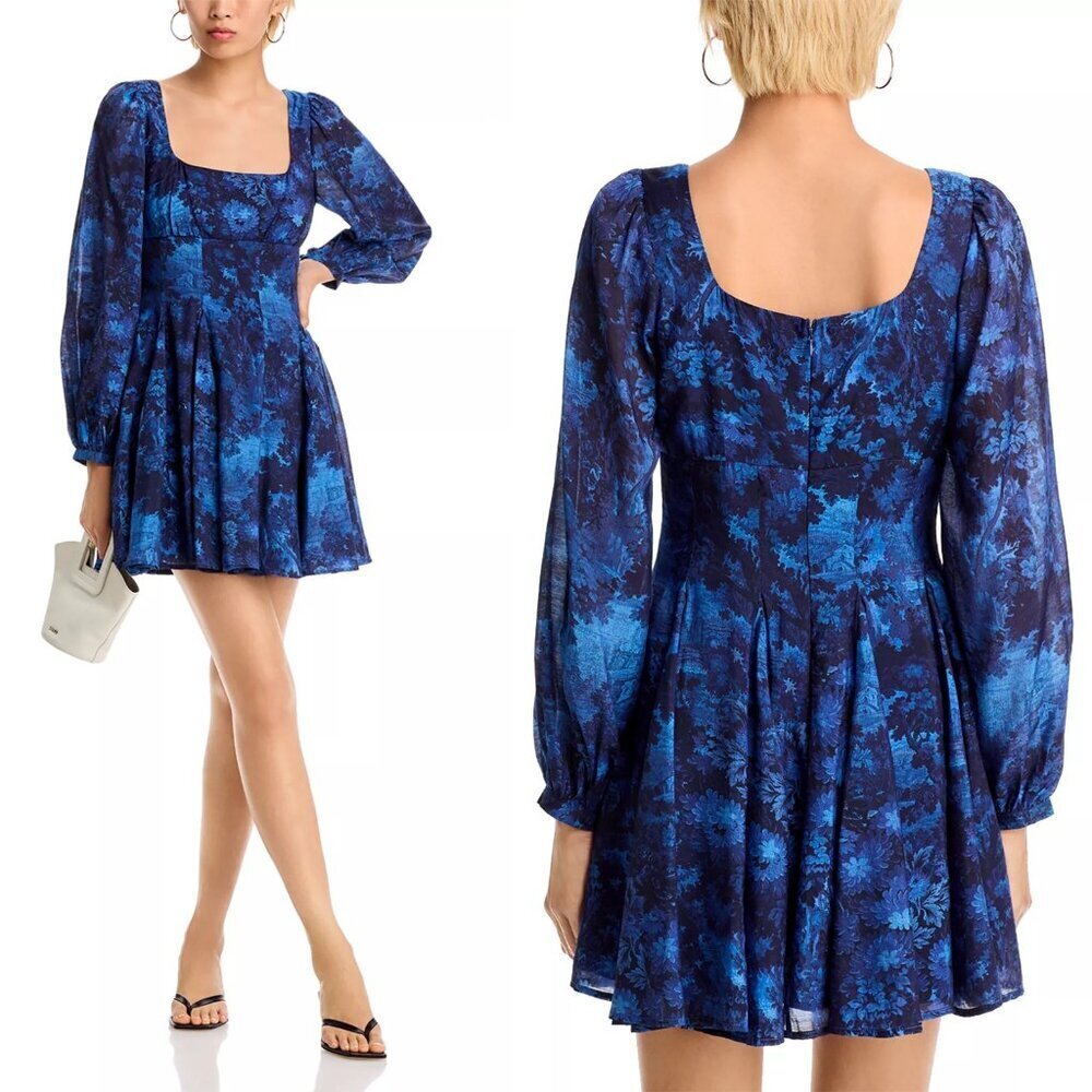 New AQUA Toile Blue Floral Mini Dress Size M